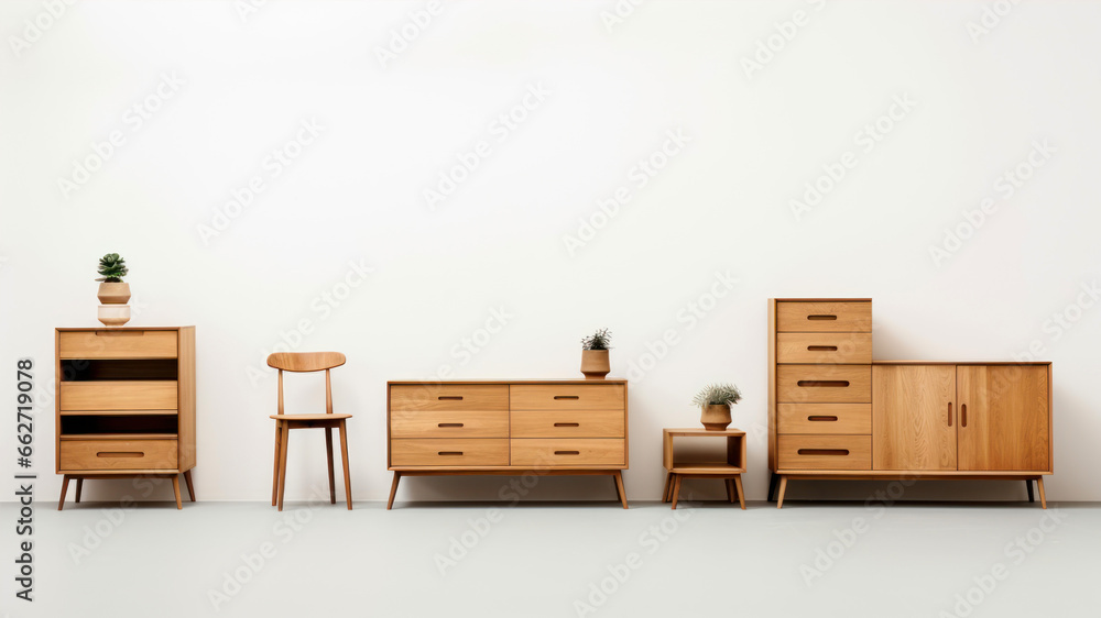 Wooden chest of drawers in the interior beautiful shot of modern wooden furniture isolated on a white background - obrazy, fototapety, plakaty 