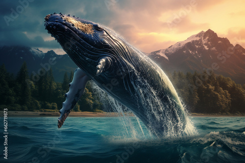 Majestic moment when a colossal blue whale breaches the ocean's surface, defying gravity in a breathtaking display of power and grace. Ai generated
