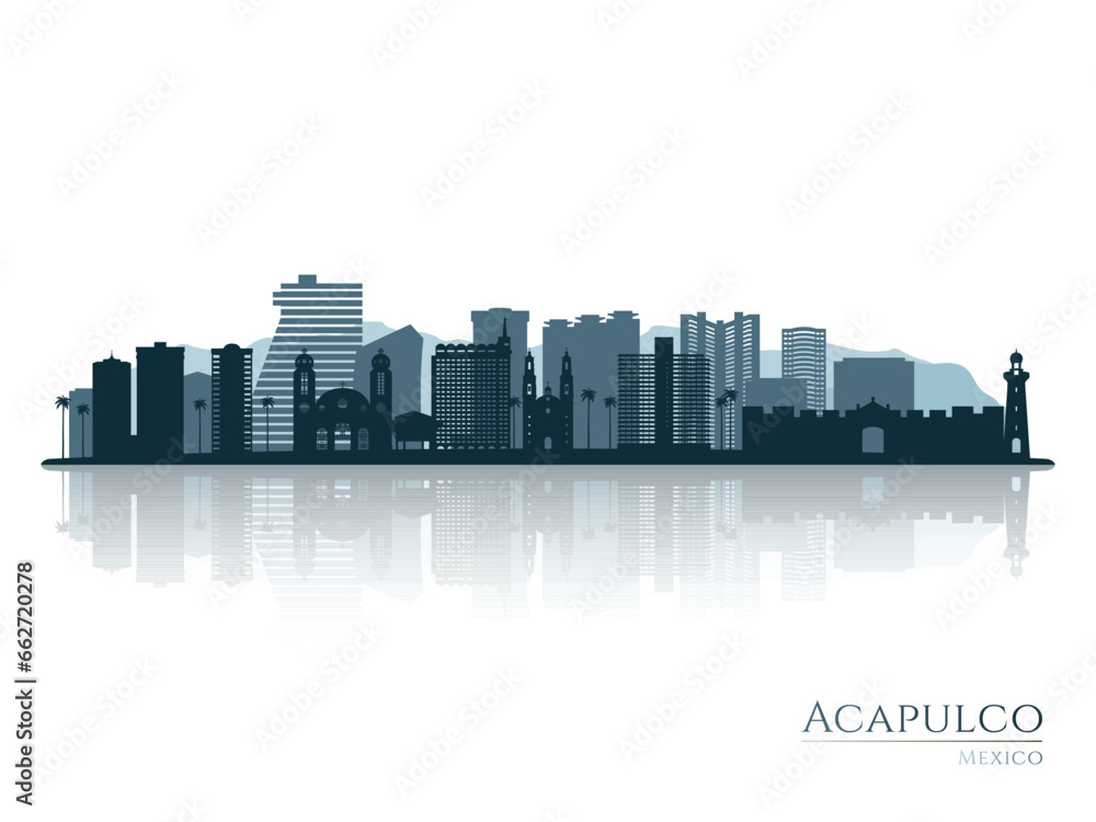 Acapulco skyline silhouette with reflection. Landscape Acapulco, Mexico. Vector illustration.
