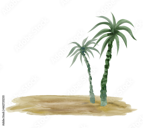 Watercolor palm trees on sand of desert island or beach illustration isolated on white background. Hand drawing summer vacation template