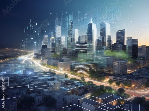 Data waves form a protective halo around the futuristic city, symbolizing the city's reliance on internet communication for its very existence, as it harnesses the power of data to drive ai generated