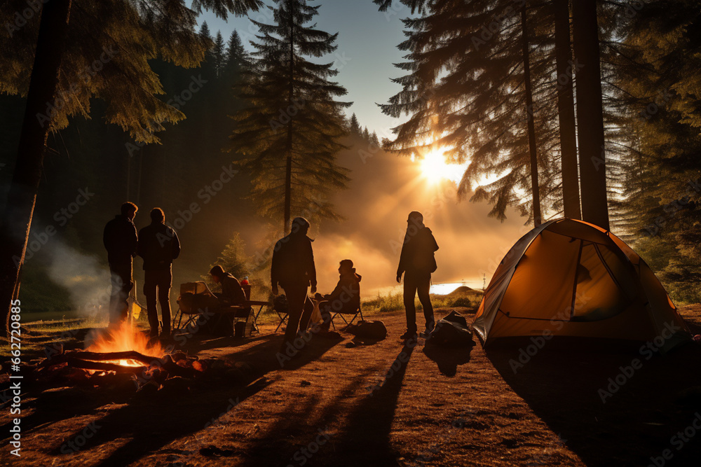 A group of people sitting in a campground around a campfire in the woods - obrazy, fototapety, plakaty 