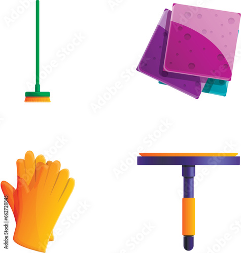 Cleaning accessory icons set cartoon vector. Window cleaning equipment. Housework