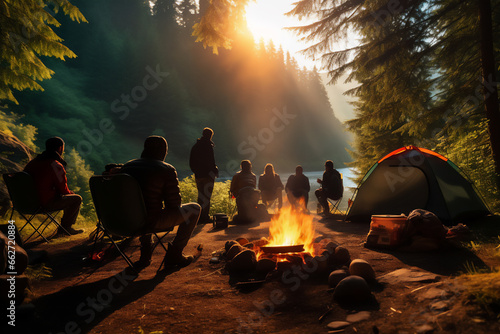 A group of people sitting in a campground around a campfire in the woods photo