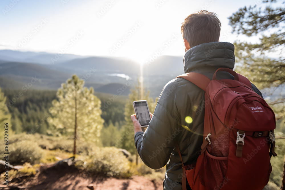 Tourist looking at a smartphone in an moutnain hike setting Tourist looking at a smartphone in an moutnain hike setting