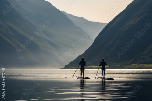 SUP board on the water in a moutain setting