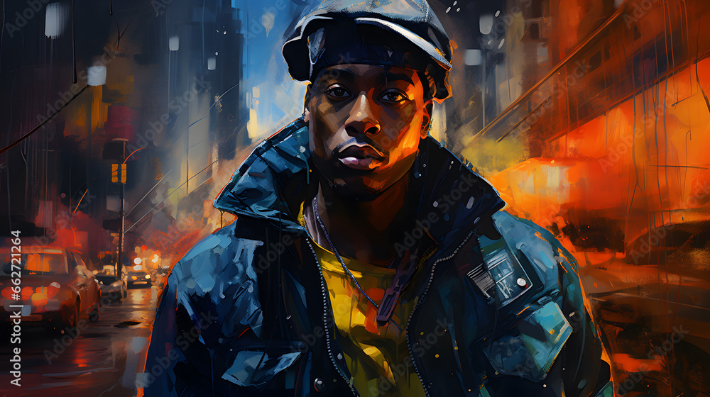 young afro-descendant rappers oil painting, rap concept, urban music, reggaeton, street, gangs - obrazy, fototapety, plakaty 