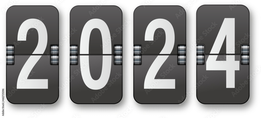 2024 Countdown timer with different numbers isolated on background. Clock counter art design. Graphic mechanical scoreboard panel element. Vector