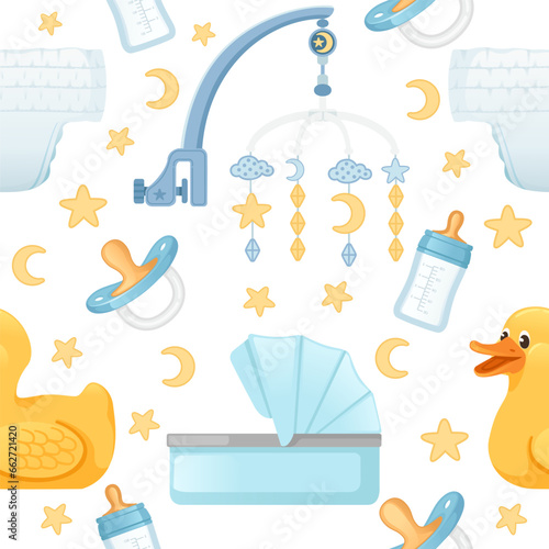 Seamless pattern of items for baby care carriage milk bottle and toys vector illustration on white background