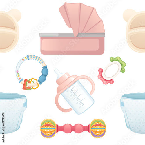 Seamless pattern of items for baby care carriage milk bottle and toys vector illustration on white background