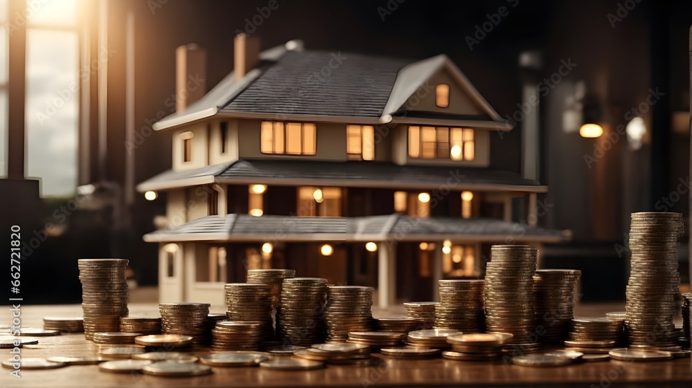 a carefully balanced stack of coins on the table exemplifies the strategic investment and disciplined saving needed to turn a miniature dream into the reality of property ownership ai generated - obrazy, fototapety, plakaty 