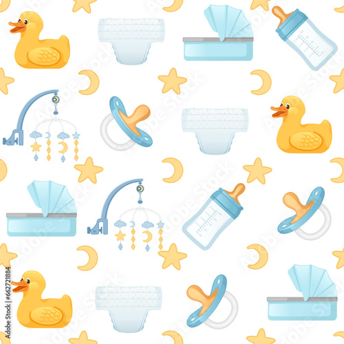 Seamless pattern of items for baby care carriage milk bottle and toys vector illustration on white background