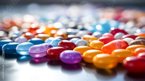 Close up of colorful pills on reflective surface. Focus on foreground. Generative AI technology.