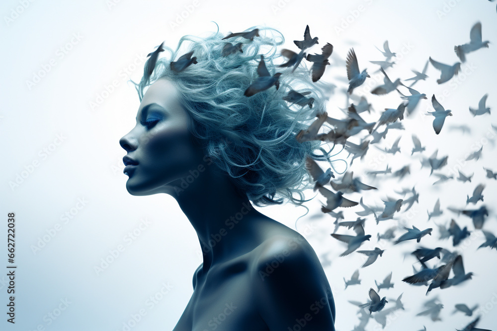 Woman portrait, where her flowing hair seamlessly transforms into a graceful flock of birds in flight, symbolizing a sense of liberation freedom. Ai generated