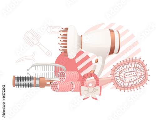 Pink color style hair brush for hair care plastic fashion comb and hair dryer vector illustration isolated on white background
