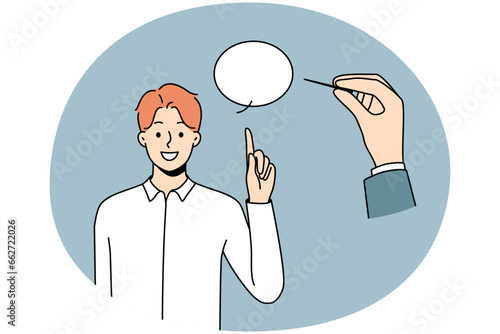 Huge hand pierce speech bubble reject comments or arguments. Person puncture talk balloon of man speaking. Criticism and opinion variety. Vector illustration.