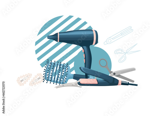 Blue color style hair brush for hair care plastic fashion comb and hair dryer vector illustration isolated on white background