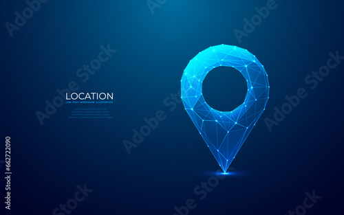 Abstract location pin. Digital gps light icon. Low poly wireframe vector illustration in futuristic hologram style on blue technology background. Travel and tourism locate concept with 3D effect. 