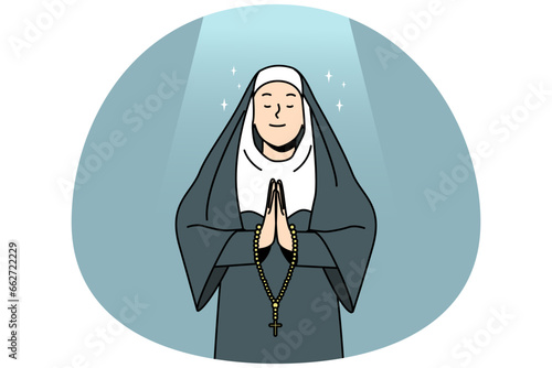 Calm nun in traditional clothes praying. Church sister with rosary talk to God. Religion and faith concept. Vector illustration.