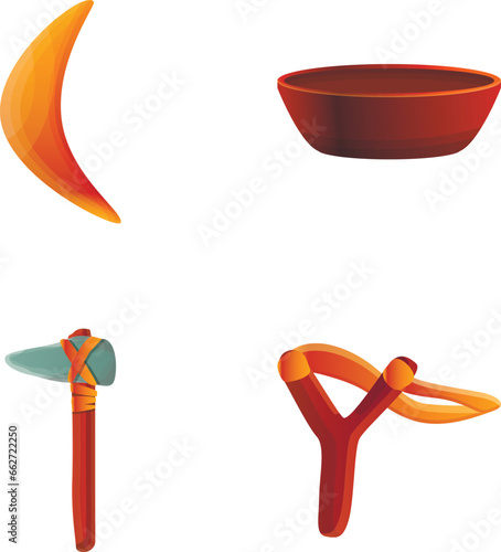 Primitive weapon icons set cartoon vector. Stone age tool and weapon. Prehistoric period, history concept
