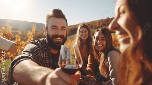 Group of friends having fun on a vineyard, drinking red wine