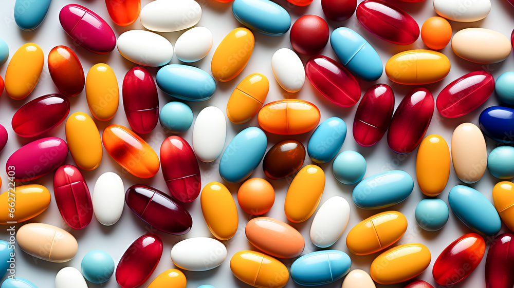 Isolated multicolored medical capsules lie on a light background. Top view. Isolated multicolored medical capsules lie on a light background. Top view.