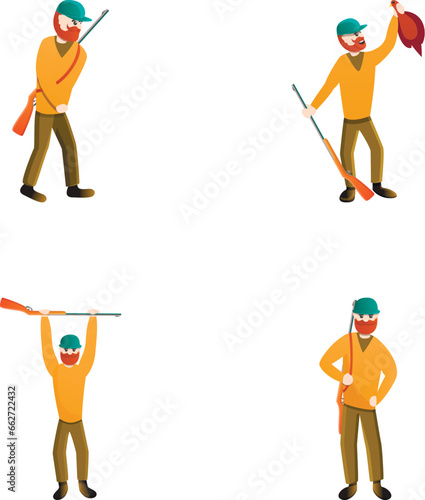 Hunting icons set cartoon vector. Bearded hunter character with rifle. Hunting season, hobby