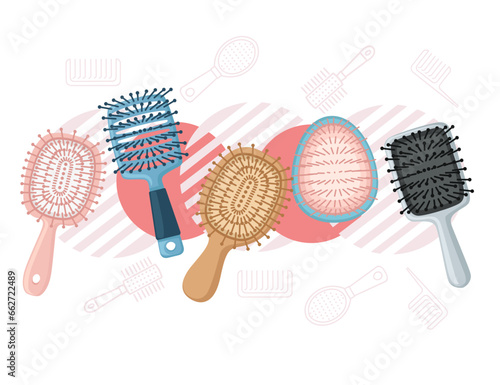 Colorful collection of different style hair brushes vector illustration on white background