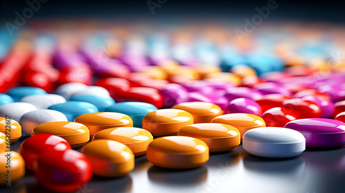 Close up of colorful pills on reflective surface. Focus on foreground. Generative AI technology.