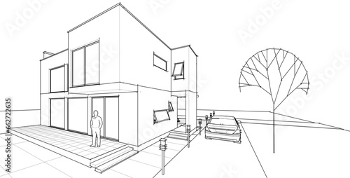  house architectural sketch 3d illustration