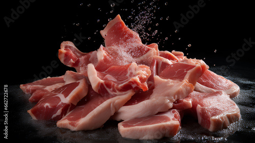 Fresh raw pork chops with salt on black background