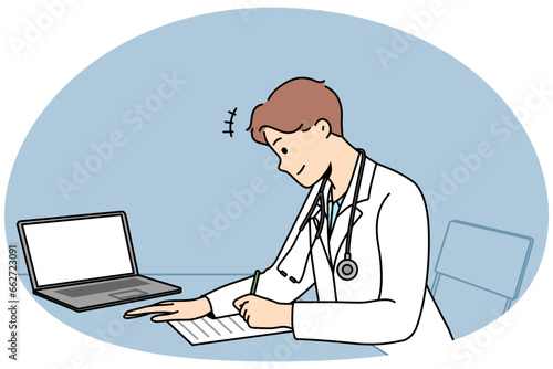 Male doctor sit at desk in hospital work on laptop write prescription to patient. Modern man GP in clinic handwrite in medical journal. Medicine. Vector illustration.