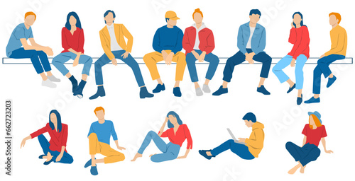 Men, women and teenagers sitting on a bench, different colors, cartoon character, group  silhouettes of business people, students design concept of flat icon, isolated on white background