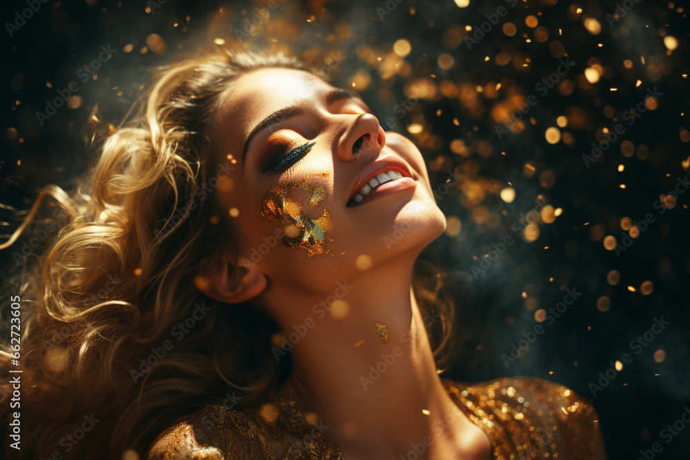 Beautiful woman smiling with golden glitter particles adorning her hair and face, radiating an aura of timeless elegance. Ai generated Beautiful woman smiling with golden glitter particles adorning her hair and face, radiating an aura of timeless elegance. Ai generated