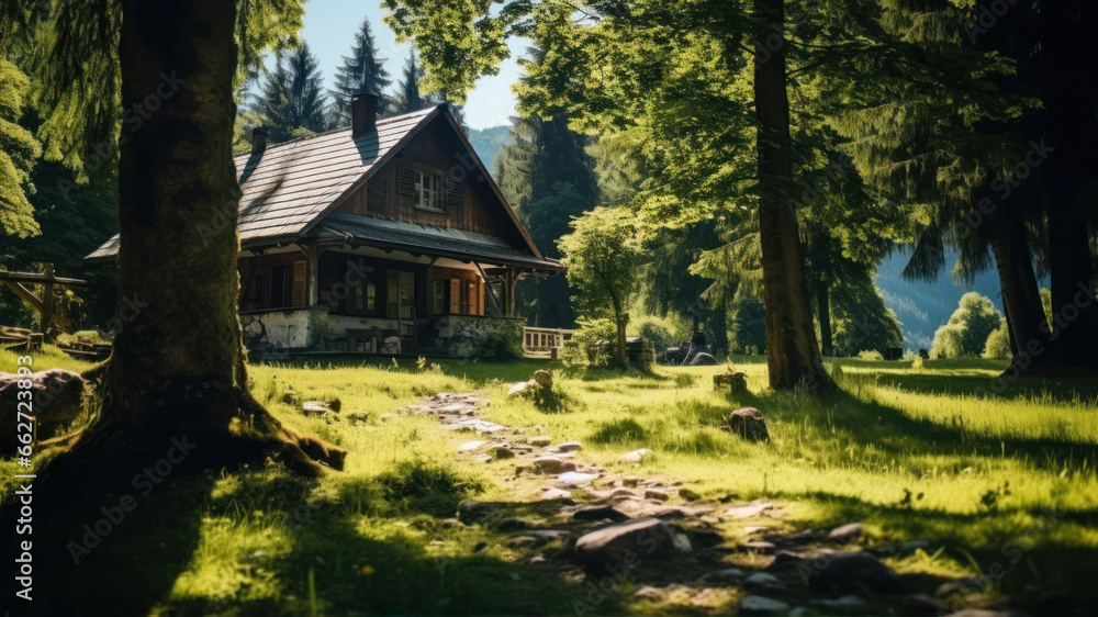 Wooden house in the mountains. Beautiful summer landscape in the mountains.