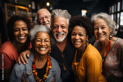 Group of diverse senior friends smiling and looking at camera in a pub. ia generated photo