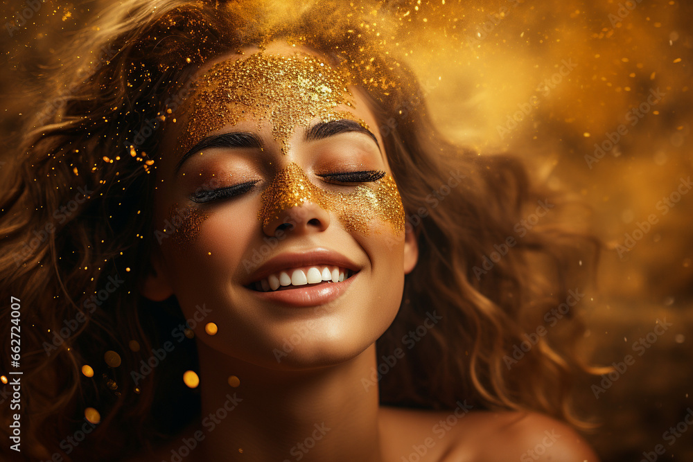 Beautiful woman smiling with golden glitter particles adorning her hair and face, radiating an aura of timeless elegance. Ai generated