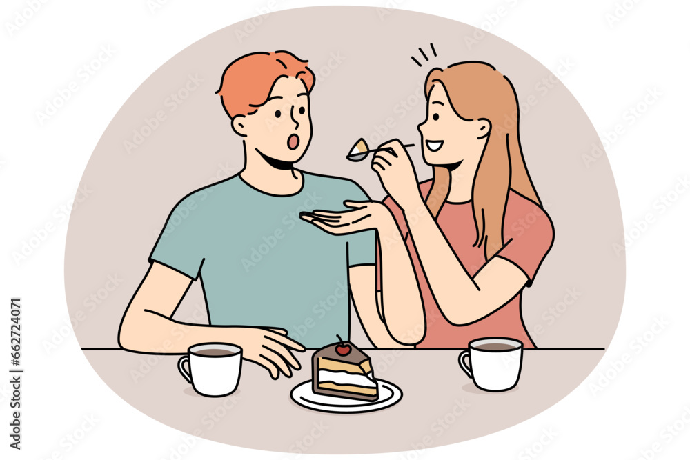 Happy couple eating cake together. Smiling woman feed man delicious dessert drinking tea. Vector illustration. Happy couple eating cake together. Smiling woman feed man delicious dessert drinking tea. Vector illustration.