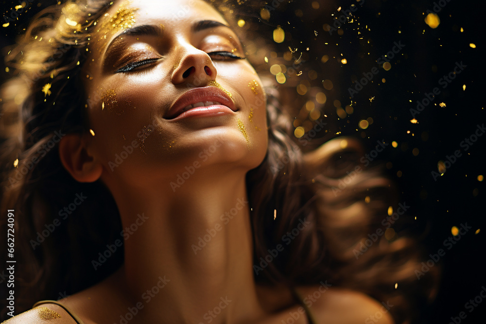 Beautiful woman smiling with golden glitter particles adorning her hair and face, radiating an aura of timeless elegance. Ai generated Beautiful woman smiling with golden glitter particles adorning her hair and face, radiating an aura of timeless elegance. Ai generated