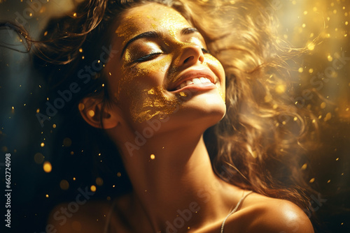 Beautiful woman smiling with golden glitter particles adorning her hair and face, radiating an aura of timeless elegance. Ai generated