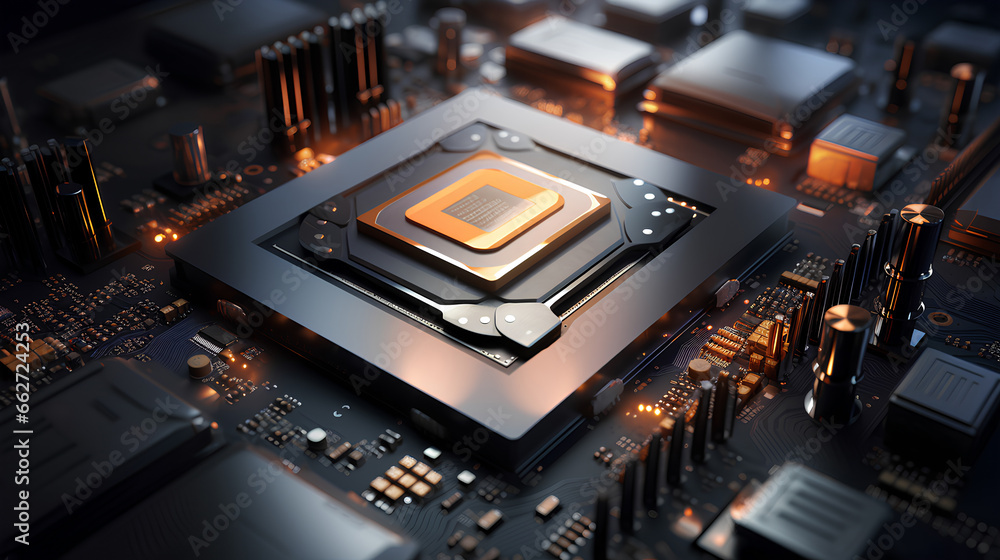 Core processor unit on main board futuristic orange and black - obrazy, fototapety, plakaty 