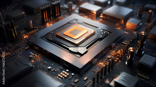 Core processor unit on main board futuristic orange and black photo