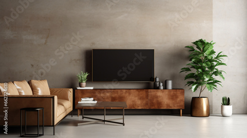 A living room interior with a leather sofa