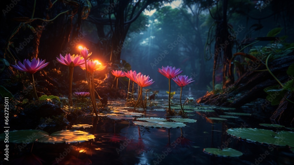 There is a rare flower in the swamp that emits mine Ai generated art