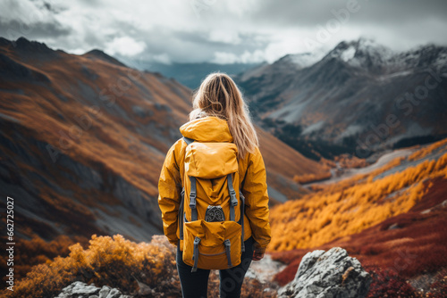 Young girl wearing a vibrant yellow jacket, arriving at the end of the hike, representing the spirit of adventure, accomplishment, and the pursuit of dreams. Ai generated