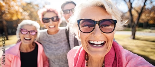 Joyful elderly women wearing glasses exercising and enjoying themselves outdoors in a park city With copyspace for text