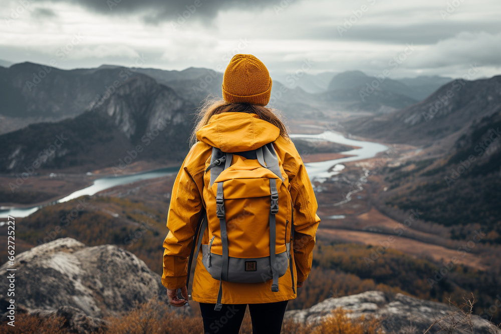 Young girl wearing a vibrant yellow jacket, arriving at the end of the hike, representing the spirit of adventure, accomplishment, and the pursuit of dreams. Ai generated Young girl wearing a vibrant yellow jacket, arriving at the end of the hike, representing the spirit of adventure, accomplishment, and the pursuit of dreams. Ai generated