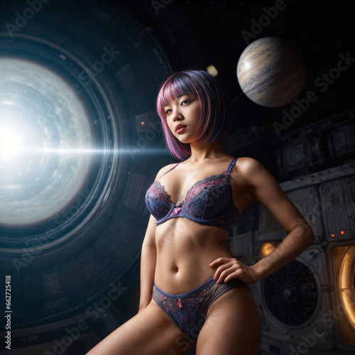 Piękne dziewczyny podróżujące statkiem kosmiczny w kosmosie. kobiety ubrane w bikini. W tle przyrządy stacji kosmicznej.