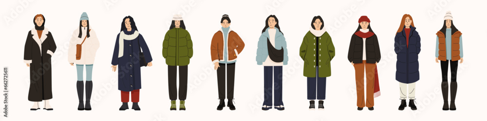 Women in fashion winter clothes. Modern trendy female characters wearing casual elegant outfit, trendy stylish street fashion. Vector isolated set