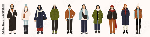 Women in fashion winter clothes. Modern trendy female characters wearing casual elegant outfit, trendy stylish street fashion. Vector isolated set